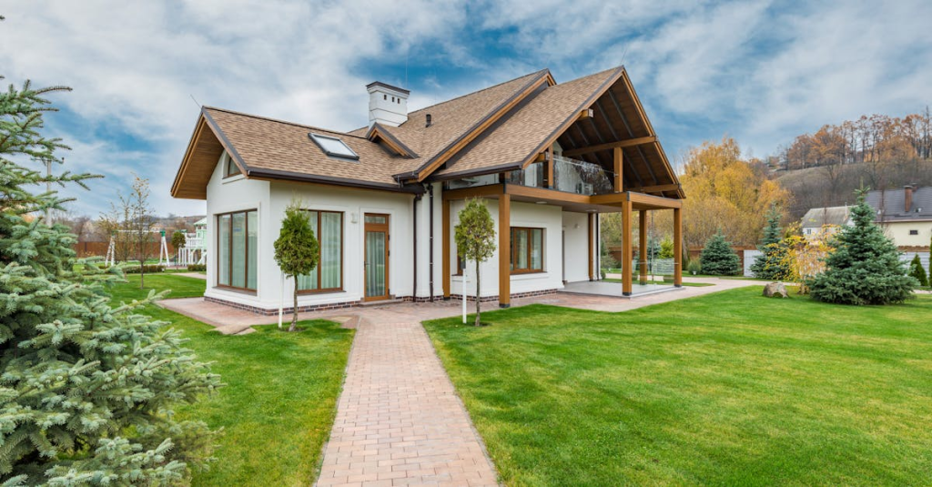 Contemporary house with a beautiful exterior and spacious lawn, set in a suburban area.